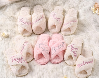Custom Bridesmaid Fluffy Slippers, Custom Bride Slippers, Fluffy Bridesmaid Slippers, Bride Slipper, Bride Slipper Personalized