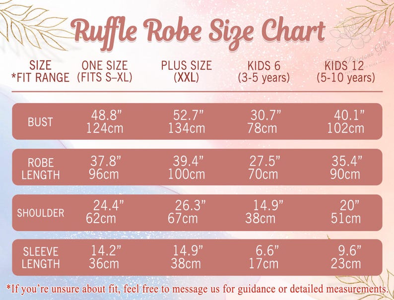 Puede incluir: Tabla de tallas para una bata con volantes, con medidas en pulgadas y cent&iacute;metros. La tabla incluye medidas de busto, largo de bata, hombro y largo de manga para varios tama&ntilde;os, incluyendo One Size, Plus Size (XXL) y tallas para ni&ntilde;os 6 y 12 a&ntilde;os.