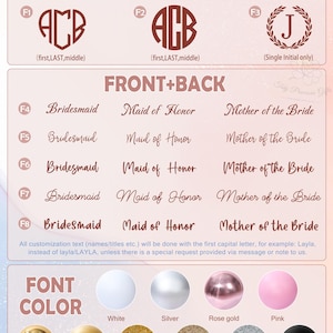 Puede incluir: Tabla de fuentes con opciones de monogramas y fuentes delanteras/traseras. Incluye ejemplos de fuentes de monogramas y opciones de texto como "Dama de honor" y "Dama de honor". Presenta opciones de color de fuente en met&aacute;lico, dorado, purpurina y negro.