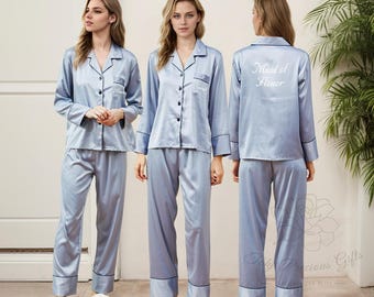 Personalized Satin Bridesmaid Pajamas Set, Long Sleeve PJs