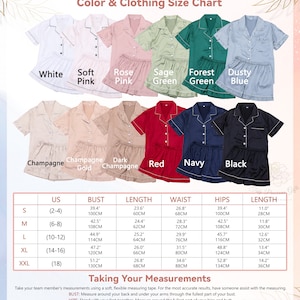 May include: Size chart for women's pyjamas in various colours, including white, soft pink, rose pink, sage green, forest green, dusty blue, champagne, champagne gold, dark champagne, red, navy, and black. The chart includes UK sizes, bust, length, waist, hips, and length measurements in inches and centimetres.
