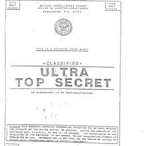 May include: A vintage document from the Defense Intelligence Agency, marked "Classified Ultra Top Secret." The document includes text that reads "Read and Destroy" and a warning about unauthorized disclosure. The paper has a worn, aged appearance.