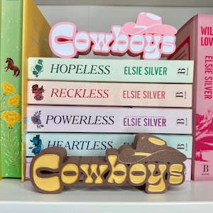 Puede incluir: Una pila de libros con t&iacute;tulos como "Hopeless", "Reckless", "Powerless" y "Heartless" de Elsie Silver. Los libros est&aacute;n decorados con sujetalibros con tem&aacute;tica de vaqueros en rosa y marr&oacute;n, con la palabra "Cowboys".