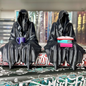 Sitting Ghost Figurine with Tea Cup or Books Book Self Decor Bookish Merch Ghost Grim Reaper Shelf Sitter 3d Printed Fantasy Book Merch