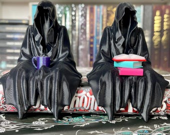 Sitting Ghost Figurine with Tea Cup or Books Book Self Decor Bookish Merch Ghost Grim Reaper Shelf Sitter 3d Printed Fantasy Book Merch