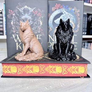 May include: Two wolf figurines, one brown and one black, sit atop a book with gold and red detailing. The book has the words "WOLF KING" and "NIGHT PRINCE" on the spine. The background features more books.