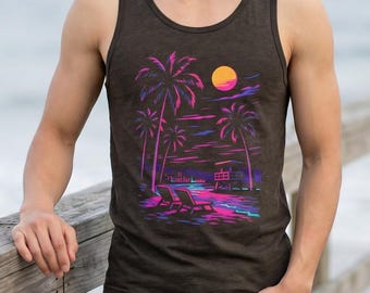 Tank Top Men Charcoal Black | Retro Neon Beach | Vintage Retail Fit Triblend
