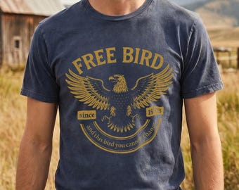 Vintage Wash T Shirt Denim Blue | Free Bird Eagle Graphic | Regular Fit Cotton Crewneck