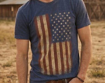 Vintage Wash T Shirt Denim Blue | Distressed American Flag | Regular Fit Cotton Crewneck