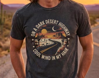 Vintage Wash T Shirt Black | Dark Desert Highway Print | Regular Fit Cotton Crewneck