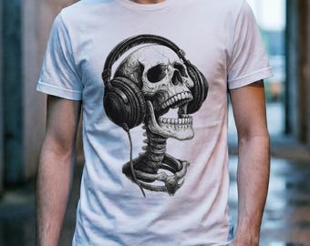 Classic Graphic Tee White | Skeleton Headphones Design | Soft Cotton Crewneck