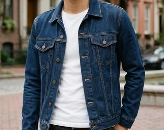 Denim Jacket Men Indigo | Vintage Rock Trucker | Classic Fit Cotton
