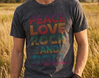 Vintage Wash T Shirt Black | Peace Love Rock And Roll | Regular Fit Cotton Crewneck