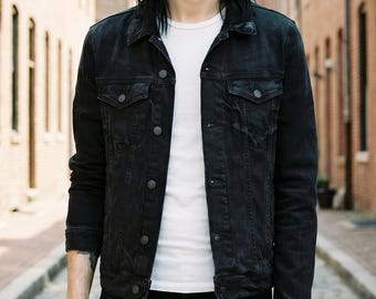 Denim Jacket Men Black | Vintage Rock Trucker | Classic Fit Cotton