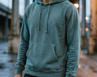 Pigment Dye Hoodie Green | Vintage Wash Pullover | Midweight Cotton Fleece