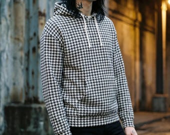Houndstooth Hoodie Black White | Vintage Checkered Pullover | Heavyweight Cotton Fleece