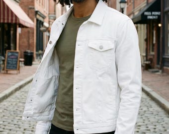 Denim Jacket Men White | Vintage Rock Trucker | Classic Fit Cotton
