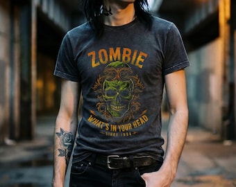 Vintage Wash T Shirt Black | Zombie Skull Horror Graphic | Regular Fit Cotton Crewneck
