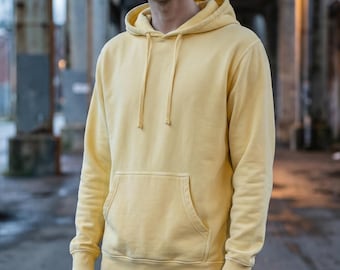 Pigment Dye Hoodie Yellow | Vintage Wash Pullover | Midweight Cotton Fleece