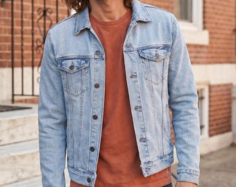 Denim Jacket Men Light Wash | Vintage Rock Trucker | Classic Fit Cotton