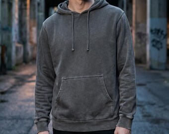 Pigment Dye Hoodie Black | Vintage Wash Pullover | Midweight Cotton Fleece
