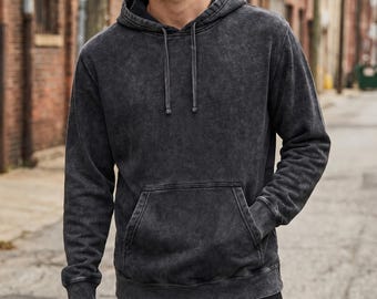 Black Mineral Wash Hoodie, Vintage Style Unisex Fleece Sweatshirt, Casual Cotton-Poly Layering Pullover