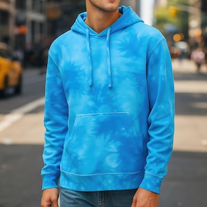 Tie-Dye Hoodie, Tie Dye Pullover, Street Style Aqua Hoodie, Hooded Sweatshirt, Vintage Kangaroo Pockets