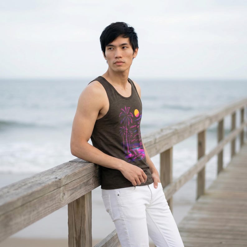 May include: A dark brown vest top featuring a retro sunset and palm tree design. The top is paired with white trousers. The person is leaning on a wooden railing on a pier, with the sea in the background.