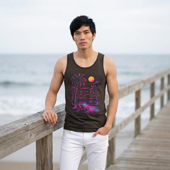 Tank Top Men Charcoal Black | Retro Neon Beach | Vintage Retail Fit Triblend