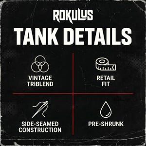 May include: Black square graphic with white text and icons. The text reads "ROKULUS TANK DETAILS." Below are icons and text: "VINTAGE TRIBLEND," "RETAIL FIT," "SIDE-SEAMED CONSTRUCTION," and "PRE-SHRUNK."