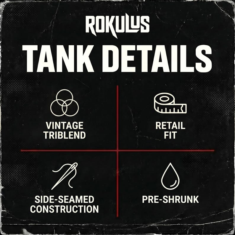 May include: Black square graphic with white text and icons. The text reads "ROKULUS TANK DETAILS." Below are icons and text: "VINTAGE TRIBLEND," "RETAIL FIT," "SIDE-SEAMED CONSTRUCTION," and "PRE-SHRUNK."