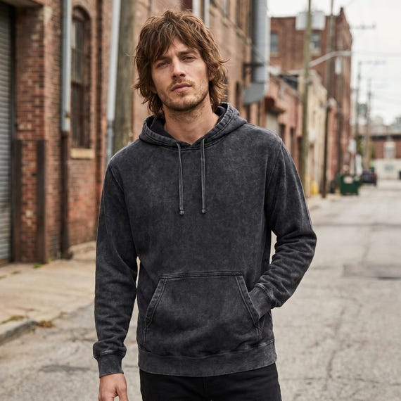Black Mineral Wash Hoodie, Vintage Style Unisex Fleece Sweatshirt, Casual Cotton-Poly Layering Pullover