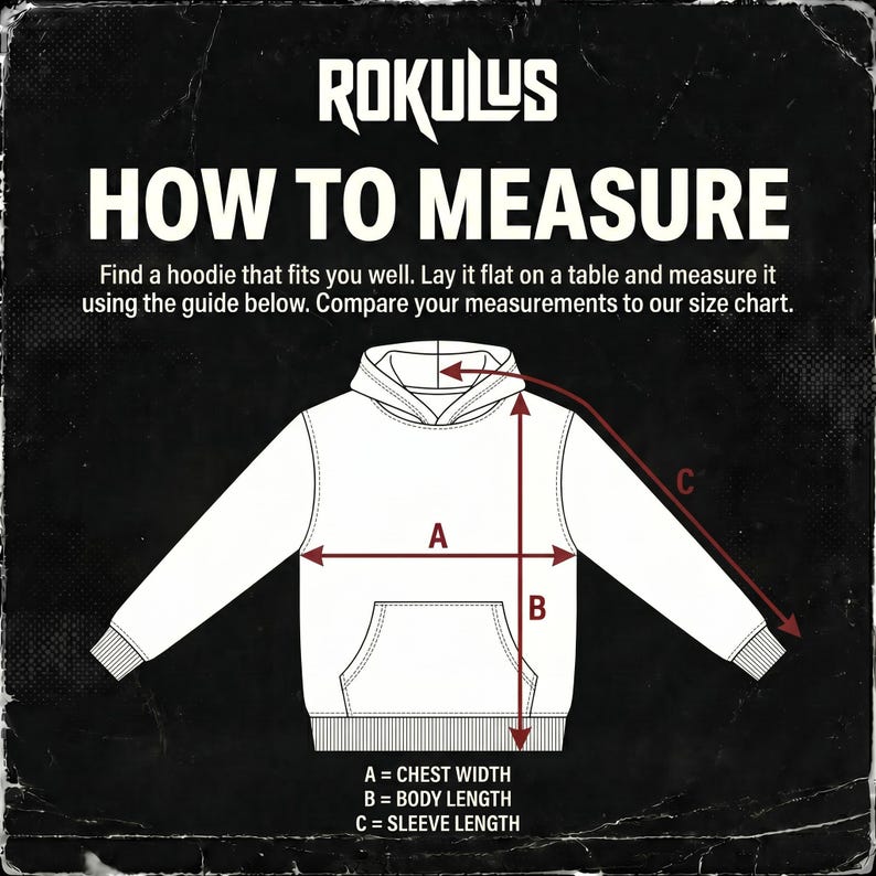 May include: Diagram illustrating how to measure a hoodie, with the text "ROKULUS HOW TO MEASURE." The diagram shows a white hoodie with labeled measurements: chest width (A), body length (B), and sleeve length (C). Instructions are included.