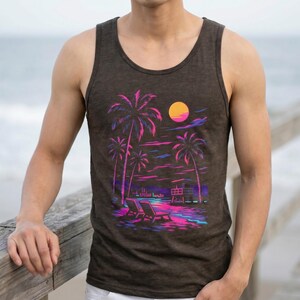 May include: Dark brown vest top with a neon beach scene design. The graphic shows palm trees, a sunset, and two deckchairs. The design uses pink, purple, blue, and yellow colours. The vest top is sleeveless and made of a soft material.