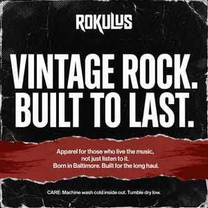 May include: A black and red graphic with the text "ROKULUS VINTAGE ROCK. BUILT TO LAST." Additional text reads "Apparel for those who live the music, not just listen to it. Born in Baltimore. Built for the long haul."