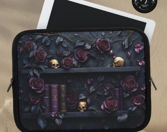 Dark Academia Laptop Sleeve: Gothic Skulls, Roses, Bookshelf Design