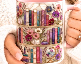Floral Bookshelf Coffee Mug, Stained Glass Style Bookish Mug, Pink Library Cup, Book Lover Gift,