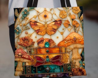 Cottagecore Floral Tote Bag, Moth and Mushroom Design  Fairycore Bookshelf Gift, Goth Lunar Garden