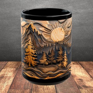 Rustic Mountain Forest Mug: Carved Wood Style Ceramic Coffee Cup Nature Lover Gift