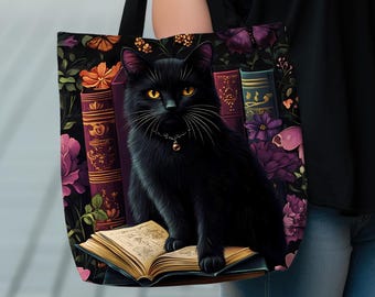 Floral Black Cat Book Tote: Bookish Cat Lover Gift Mom Bookworm Boho Bag,
