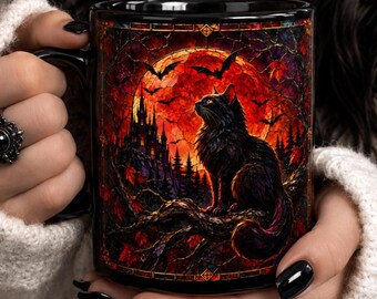 Halloween Cat Coffee Mug, Black Cat Gothic Mug, Faux Stained Glass Art Mug, Witchy Fall Cup, Cozy Halloween Gift
