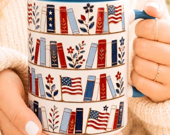 Patriotic Stained Glass Style Bookshelf Mug, Book Lover Coffee Cup, Literary Gift,