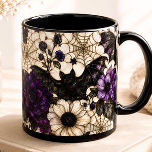 Gothic Bat Spider Web Mug, Faux Stained Glass Floral Coffee Cup, Witchy Halloween Gift