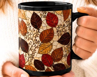 Autumn Leaves Coffee Mug, Fall Leaves Ceramic Mug, Stained Glass Style Mug, Cozy Fall Coffee Cup, Thanksgiving Gift for Her