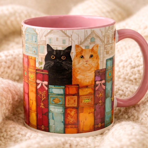 Cat Book Lover Mug Bookshelf Coffee Mug Reader Gift Bookish Cottagecore Cup