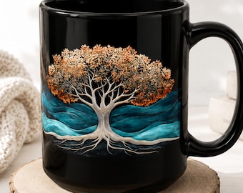 Tree of Life Black Coffee Mug - Boho Spiritual Gift Drinkware for Tea Coffee Lovers