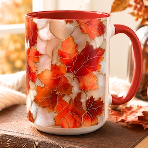 Autumn Maple Leaf Faux Stained Glass Ceramic Mug, Fall Leaves Coffee Cup
