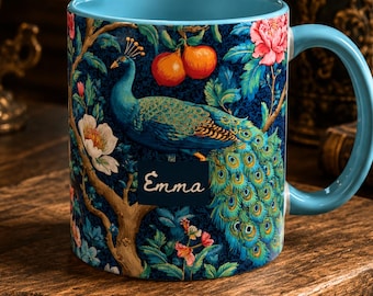 Personalized Peacock Floral Mug, Maximalist Bird Cottagecore Ceramic Cup
