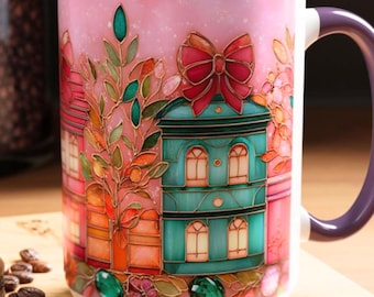Faux Stained Glass Christmas Mug, Pastel Holiday Coffee Cup Winter gift