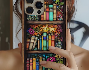 Floral Stained Glass Art Bookshelf Phone Case: Book Lover Gift iPhone Galaxy Pixel